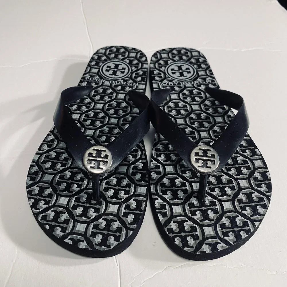 Tory Burch TB Logo Thong Flip Flop wSandals Lattice Black White Size Small (5/6)